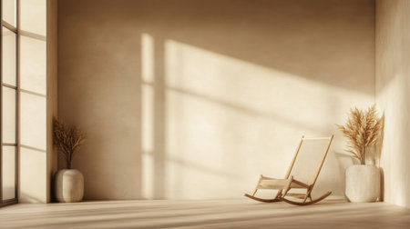 A minimalist interior featuring a rocking chair bathed in natural light, surrounded by decorative plants in soft earthy tones, creating a tranquil and cozy atmosphere.の素材
