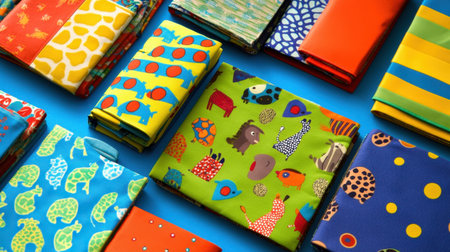 A vibrant collection of colorful fabrics showcasing playful patterns and animal illustrations, ideal for sewing and creative crafts, perfect for brightening up any project.の素材