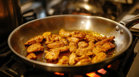 Succulent pieces of chicken are frying in a pan, infused with spices, showcasing the vibrant cooking process in a cozy kitchen atmosphere. Perfect for culinary inspiration.の素材