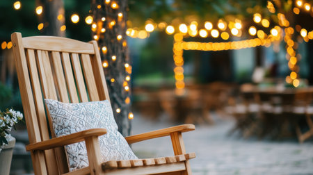 A charming wooden rocking chair with a decorative pillow invites relaxation in a beautifully lit outdoor space, perfect for gatherings or quiet moments of solitude.の素材