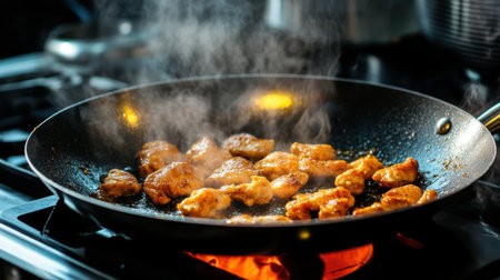 A dynamic scene of chicken pieces frying in a pan, showcasing steam escaping and flames dancing below, perfect for illustrating home cooking or recipe development.の素材