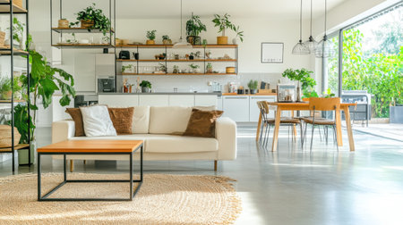 Explore a modern living room designed for comfort and style, featuring indoor plants, a cozy vibe, and open space that invites relaxation and warmth.の素材