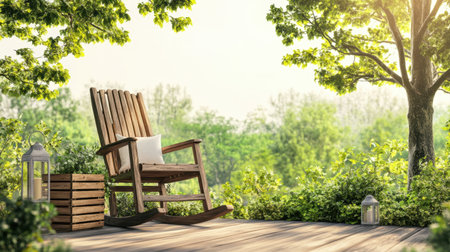 A peaceful outdoor space showcasing a wooden rocking chair surrounded by lush greenery, creating a serene atmosphere perfect for relaxation and enjoyment of nature.の素材