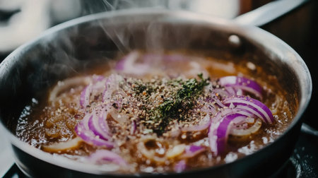 A vibrant image showcasing a pan filled with a savory dish featuring sautの素材