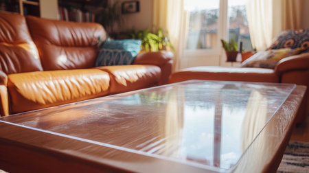 A warm and inviting living room featuring leather sofas and a sleek wooden coffee table, perfect for relaxation and leisure moments at home on a sunny day.の素材