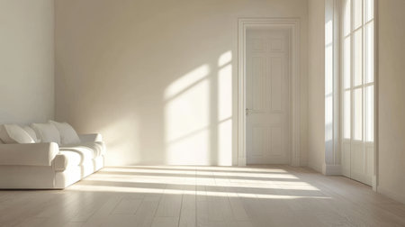 A serene living room featuring a modern white sofa bathed in sunlight, highlighting the minimalist design, wooden floor, and a warm, inviting atmosphere perfect for relaxation.の素材