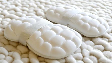 Soft white cushioned slippers resting on a textured fabric background, perfect for enhancing comfort and style in any modern home or relaxation space.の素材