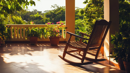 A peaceful rocking chair rests on a veranda, surrounded by lush greenery and colorful flowers, creating a serene atmosphere for relaxation and connection with nature.の素材
