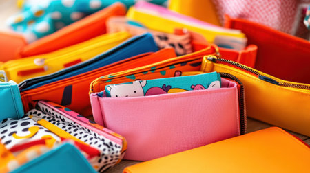 A captivating assortment of colorful wallets showcases playful designs and vibrant patterns, perfect for enhancing fashion photography and lifestyle content.の素材