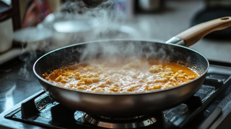 A vibrant skillet shows a rich sauce bubbling and steaming, perfect for culinary inspiration and showcasing the joy of cooking in a cozy kitchen setting.の素材