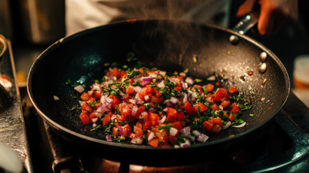 A vibrant close-up scene of fresh vegetables like tomatoes and onions being sautの素材