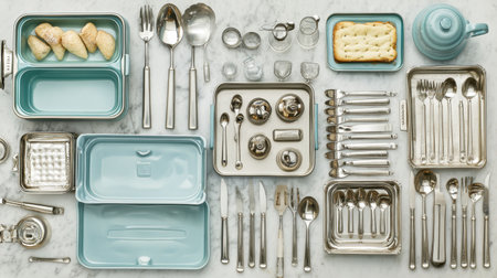 This image showcases an organized layout of vintage cookware and silverware on a marble surface, perfect for inspiring dining and culinary presentations with a touch of elegance.の素材