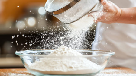 A chef expertly sifts flour from a fine mesh sieve into a glass bowl, creating a playful dust cloud in a warm kitchen atmosphere, showcasing the art of baking.の素材