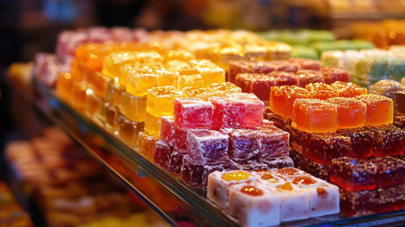 A captivating array of colorful jelly candies showcasing a variety of flavors and textures, perfect for tempting sweet lovers in a vibrant market atmosphere.の素材