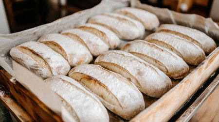 A delightful array of freshly baked artisan bread loaves, presented on a rustic wooden tray, capturing the authentic essence of homemade bakery artistry in beautiful natural light.の素材