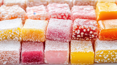 A vibrant collection of sugary square fruit jellies, showcasing a spectrum of colors and flavors, perfect for parties, celebrations, or sweet cravings.の素材