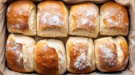 A tempting display of freshly baked soft bread rolls with a light dusting of flour, perfect for meals or gatherings, showcasing homemade culinary delights in an inviting setting.の素材