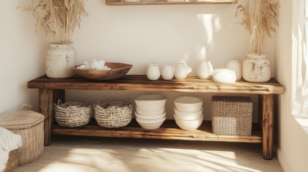 A warm and inviting wooden shelving unit displays elegant white dishware and natural decor elements, creating a minimalist and cozy atmosphere perfect for stylish interior spaces.の素材