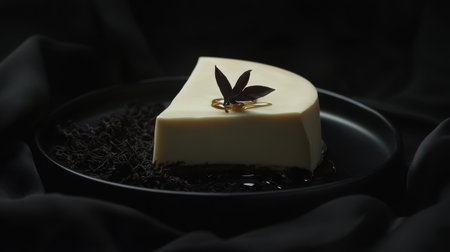 A stunning creamy vanilla mousse dessert artfully arranged on a sleek black plate, accented with chocolate and a green leaf, evoking elegance and gourmet flair.の素材