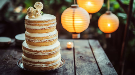 A charming three-tiered naked cake elegantly displayed with minimal frosting, surrounded by glowing lanterns, creating a warm and inviting atmosphere in a garden setting.の素材