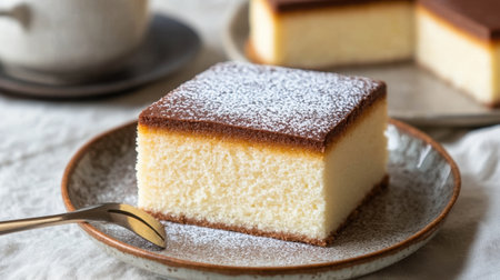 A soft and fluffy slice of cake sits elegantly on a plate, dusted with powdered sugar, inviting dessert lovers to indulge in a moment of sweetness and comfort.の素材