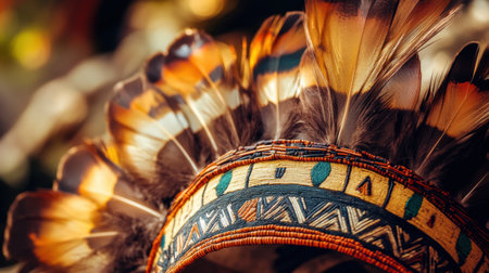 This captivating image features a vibrant Native American headdress adorned with elaborate feathers and intricate designs, highlighting the cultural significance and artistry.の素材