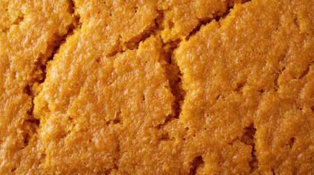 A detailed close-up of a freshly baked golden brown cornbread texture, showcasing its delicious cracks and crumbly surface suitable for food lovers and culinary artists.の素材