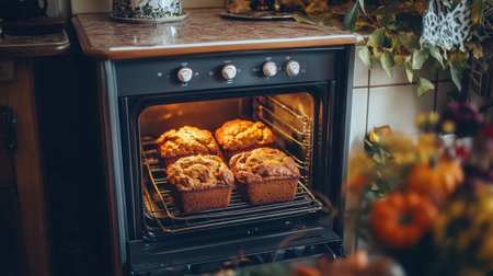 A cozy kitchen scene featuring freshly baked muffins in a vintage oven, radiating warm light, ideal for conveying home baking joy and autumn indulgence.の素材