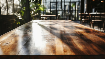 A beautifully crafted wooden table in a modern cafe setting, illuminated by natural light, offers a serene and inviting atmosphere perfect for relaxation.の素材