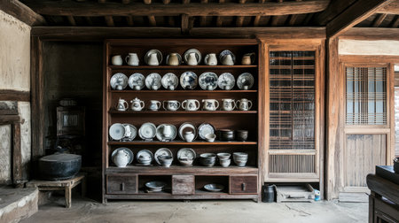Explore a vintage kitchen interior featuring a rustic display of ceramic dishware arranged on wooden shelves, showcasing timeless craftsmanship and homely charm.の素材