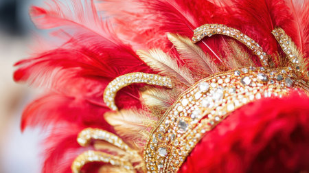 Close-up view of a vibrant red feather headdress with sparkling gemstones, ideal for festive occasions and theatrical performances, showcasing intricate design and luxurious texture.の素材