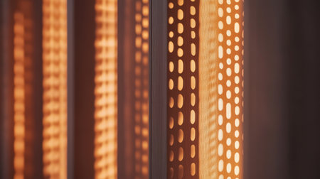 This image showcases the beautiful interplay of light and texture as warm, inviting light filters through patterned panels in a contemporary setting, creating an elegant ambiance.の素材