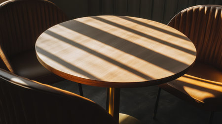 A round wooden table and two stylish chairs illuminated by warm sunlight, casting striking shadows and creating a peaceful ambiance perfect for gatherings or relaxation.の素材