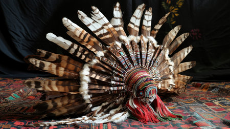 This stunning traditional feather headdress showcases the rich artistry and culture of Native American heritage, featuring intricate patterns and vibrant colors that highlight its craftsmanship.の素材