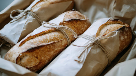 This image showcases beautifully wrapped artisan bread loaves, bringing a warm and inviting touch to any culinary display or food photography project. Perfect for rustic themes.の素材