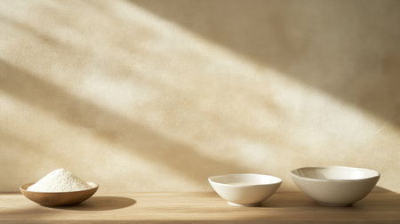 A serene still life featuring flour in a wooden bowl placed beside white ceramic bowls. The soft natural light creates gentle shadows, enhancing the minimalist kitchen aesthetic.の素材