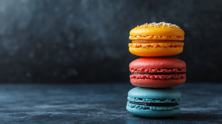 A delightful display of vibrant French macarons, featuring yellow, red, and blue layers perfectly stacked against a dark backdrop, ideal for dessert enthusiasts.の素材