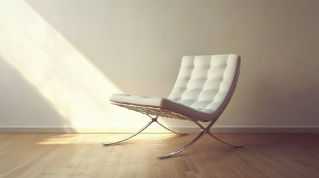 A sleek modern lounge chair in a sunlit room perfectly embodies minimalist design. The white upholstery and clean lines create a stylish addition to any interior space.の素材