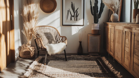 This beautifully arranged room showcases natural textures and warm light, featuring a cozy chair, plants, and decorative elements for serene living and aesthetic inspiration.の素材