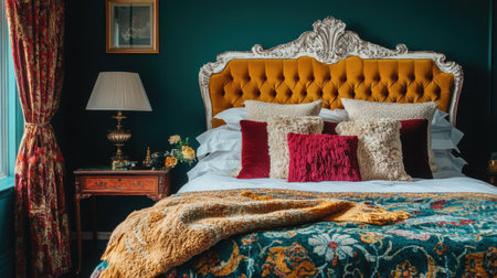 Experience a luxurious bedroom setup featuring an elegant bed with decorative pillows, a vintage lamp, and rich green walls for an inviting and cozy atmosphere.の素材