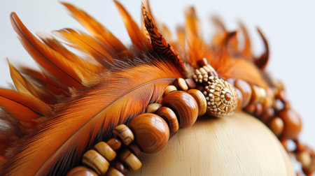 A stunning close-up image of a vibrant feather crown adorned with natural wood beads, showcasing intricate design and rich colors ideal for cultural themes and fashion inspiration.の素材