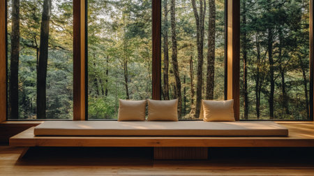 A serene seating area featuring soft cushions and a stunning view of a green forest, creating an inviting space for relaxation and inner peace.の素材