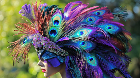 This stunning headpiece adorned with vibrant peacock feathers showcases rich colors and intricate designs, ideal for costumes, themed events, and stylish photography.の素材