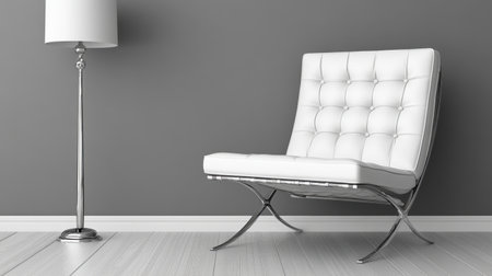 A contemporary living room setting features a sleek white chair alongside a stylish floor lamp, all set against a minimalist gray wall, creating an inviting interior space.の素材
