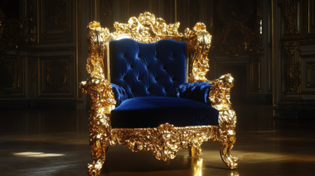 Discover a magnificent golden armchair with plush blue velvet upholstery that embodies luxury and elegance in classic interior design settings.の素材