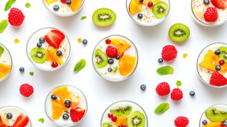 A stunning overhead view of vibrant fruit parfaits featuring whipped cream and a mix of fresh berries, tropical fruits, and mint, perfect for dessert displays or healthy menu ideas.の素材