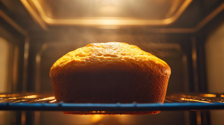 A beautifully baked cake rises inside an oven, bathed in warm light, showcasing its golden brown surface. Perfect for capturing the beauty of homemade culinary creations.の素材