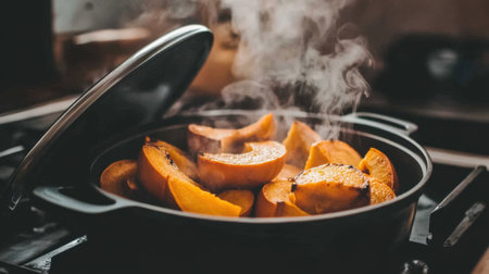 A pot filled with steaming pumpkin segments, showcasing the warmth and inviting atmosphere of home cooking. Perfect for food enthusiasts and autumn-themed recipes.の素材