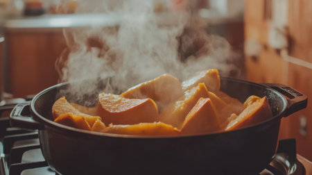 A close-up shot of steaming pumpkin slices in a cast iron pot, capturing the essence of home cooking in a cozy kitchen atmosphere filled with warmth and delicious aromas.の素材