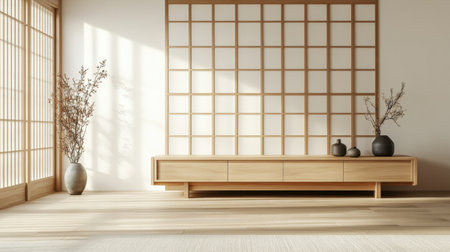 A serene minimalist interior featuring natural wood furniture and decorative plants, creating an inviting and tranquil atmosphere ideal for modern living spaces.の素材